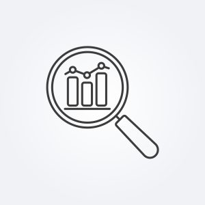 Data analysis line icon with business graph or chart with magnifier.